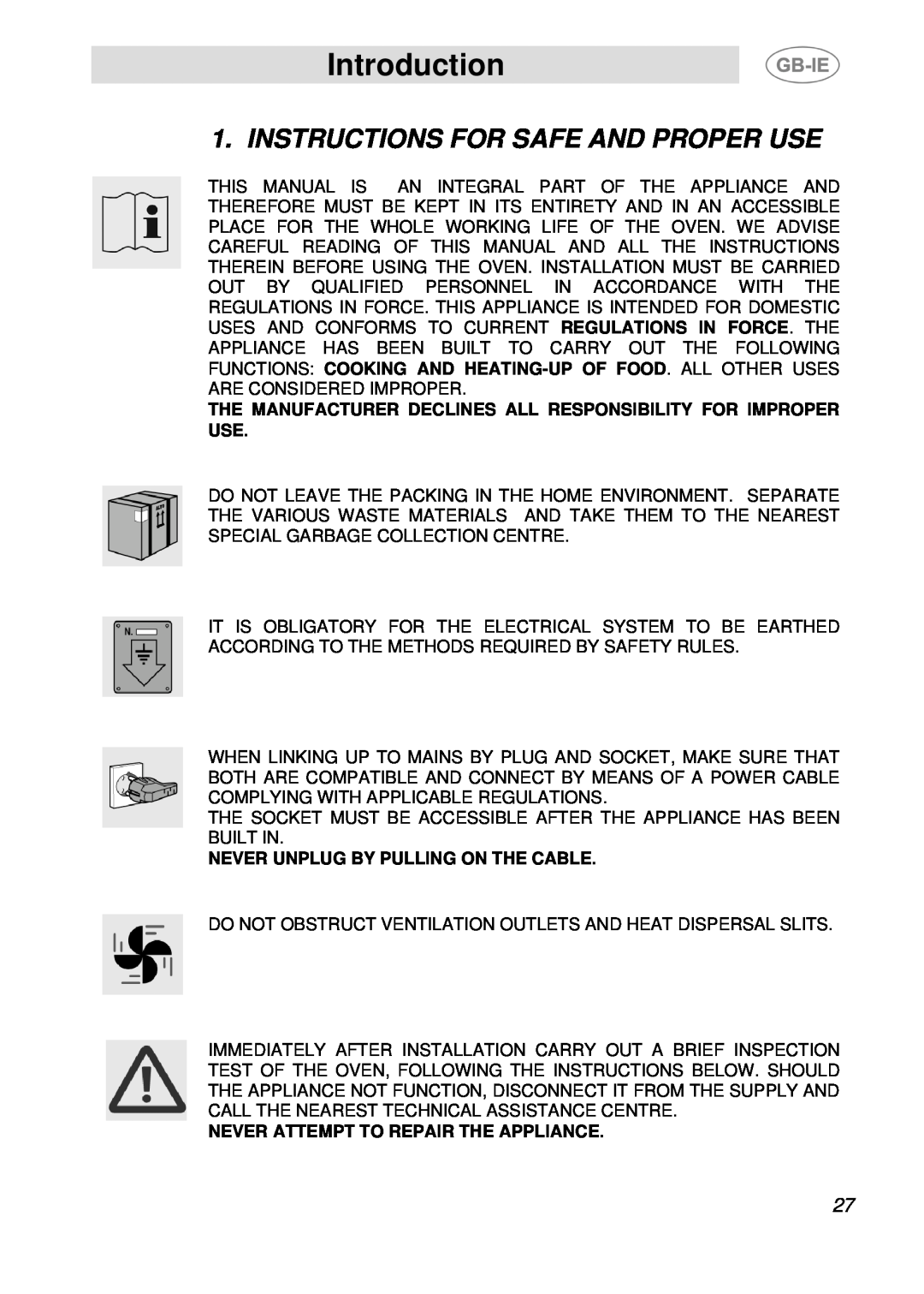Smeg SE598X-5, SE598XGT manual Introduction, Instructions For Safe And Proper Use, Never Unplug By Pulling On The Cable 