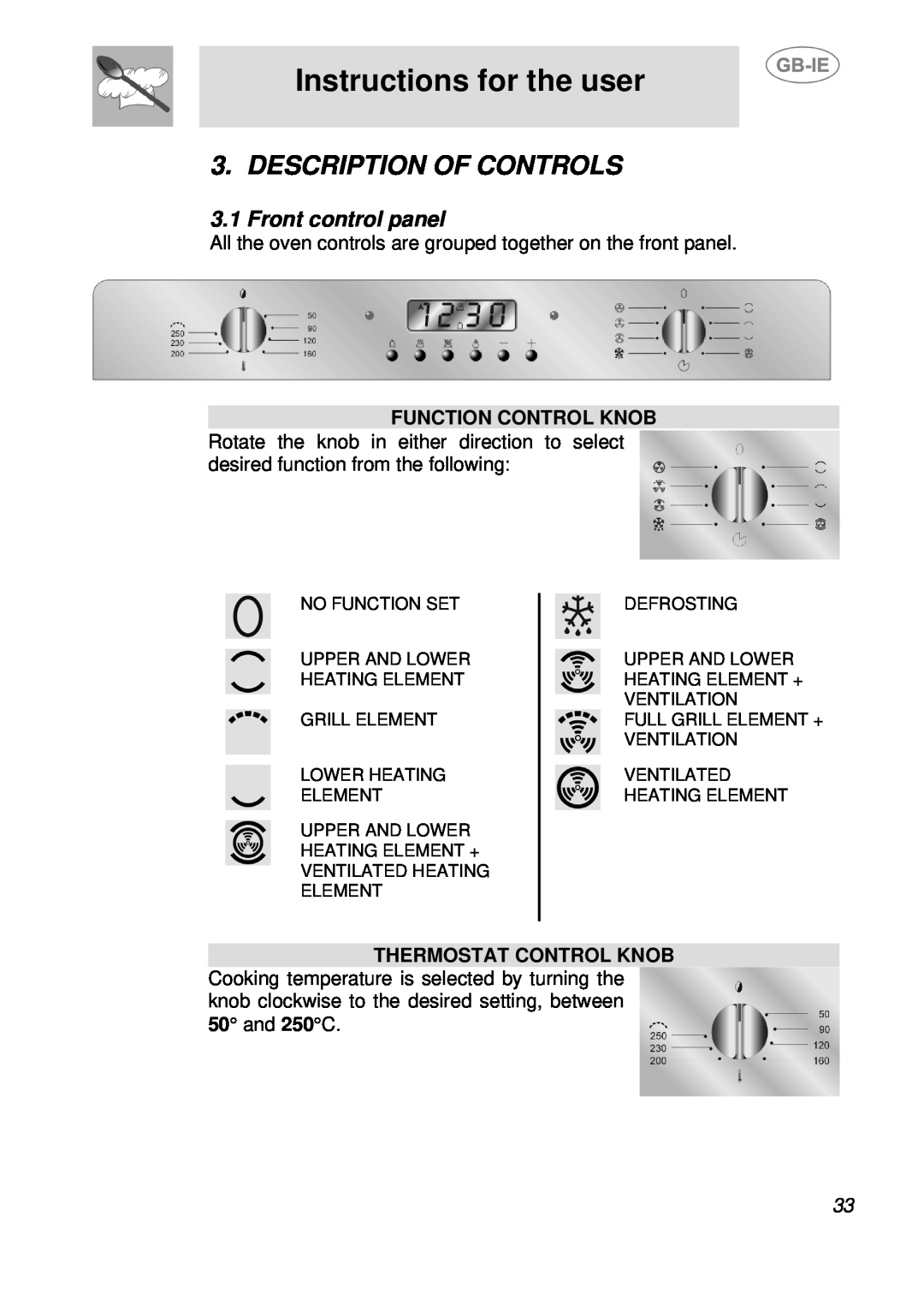 Smeg SE598X-5, SE598XGT Instructions for the user, Description Of Controls, Front control panel, Function Control Knob 