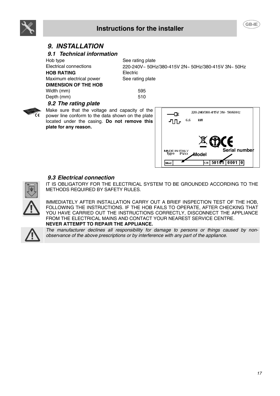 Smeg SE60X manual Installation, Technical information, Rating plate, Electrical connection 