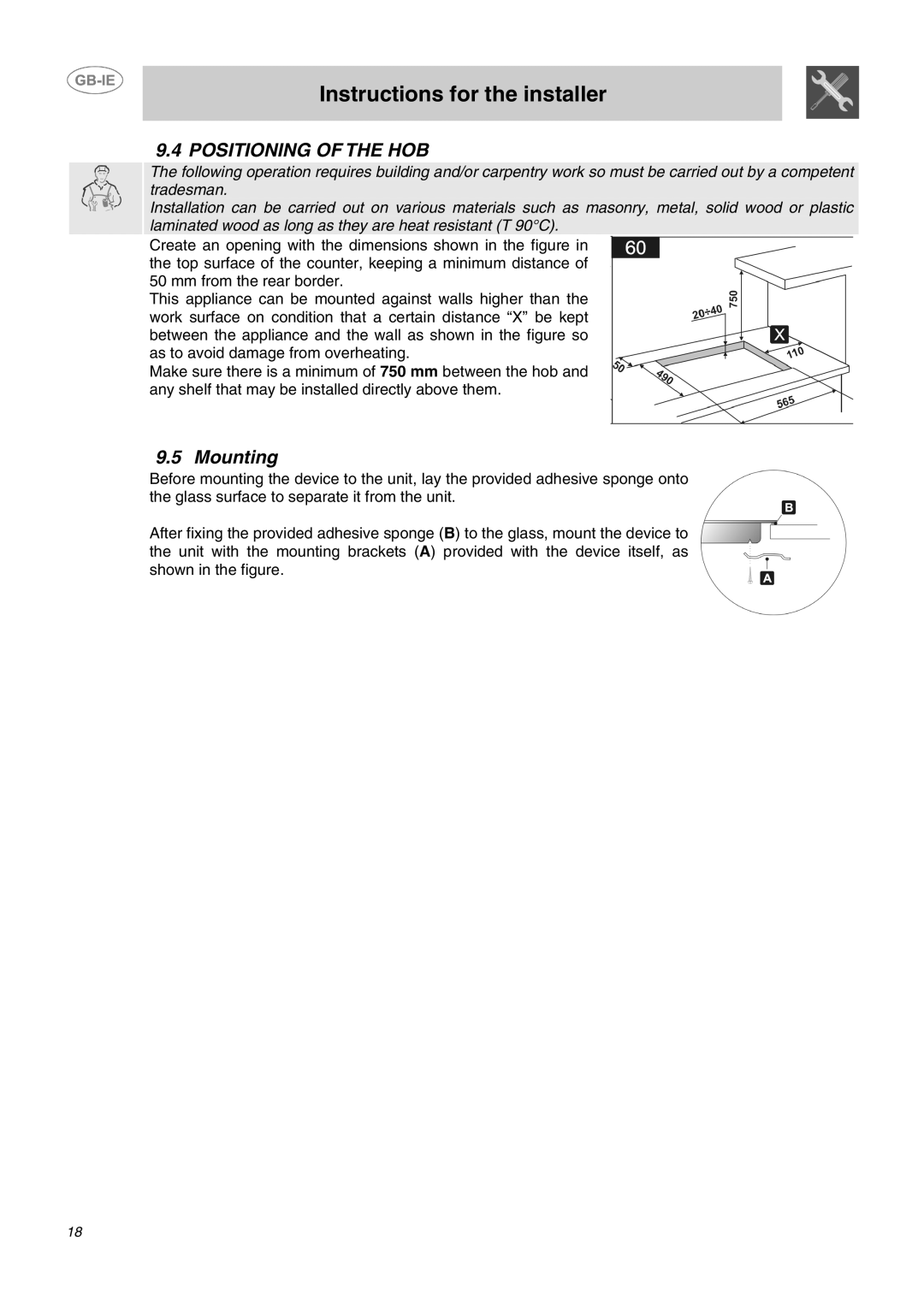 Smeg SE60X manual Positioning of the HOB, Mounting 