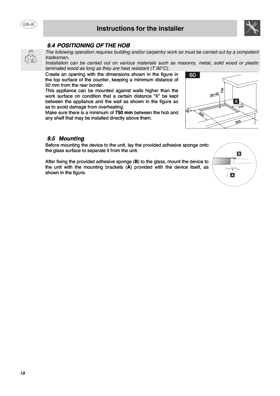 Smeg SE60X manual Positioning Of The Hob, Mounting, Instructions for the installer 