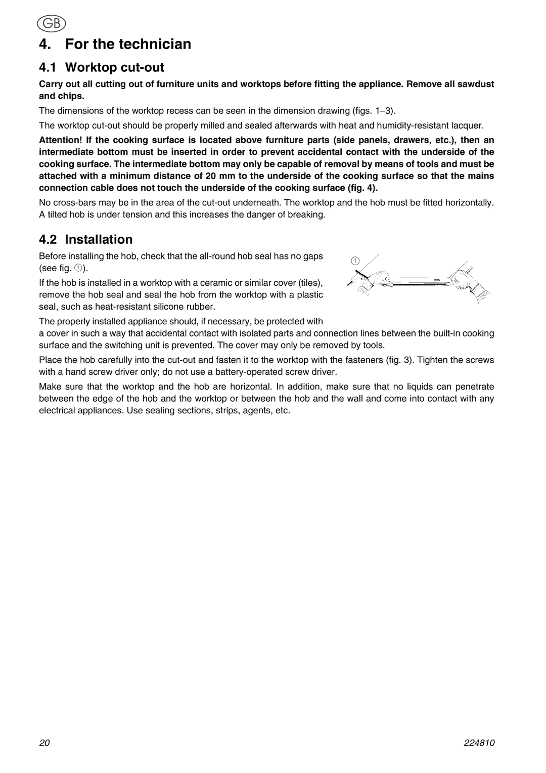 Smeg SE62CX manual For the technician, Worktop cut-out, Installation 