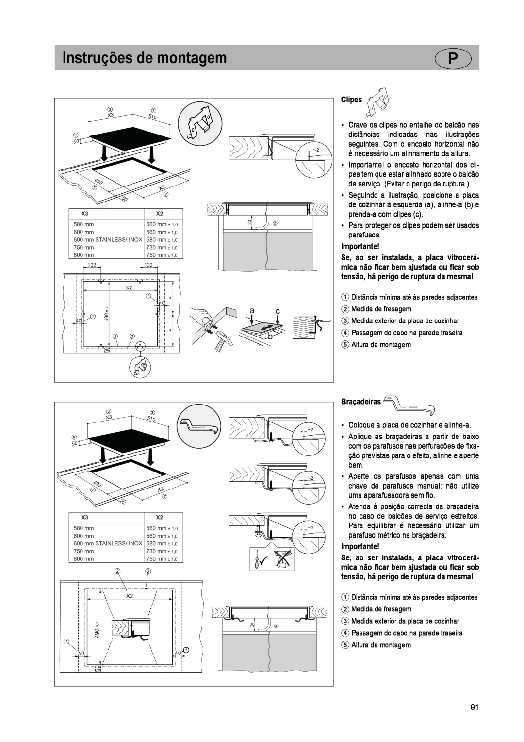 Smeg SE640ID manual Instruções de montagem, Clipes, Importante, Braçadeiras 