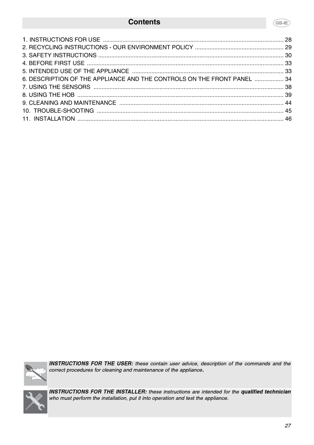 Smeg SE640ID1 manual Contents 