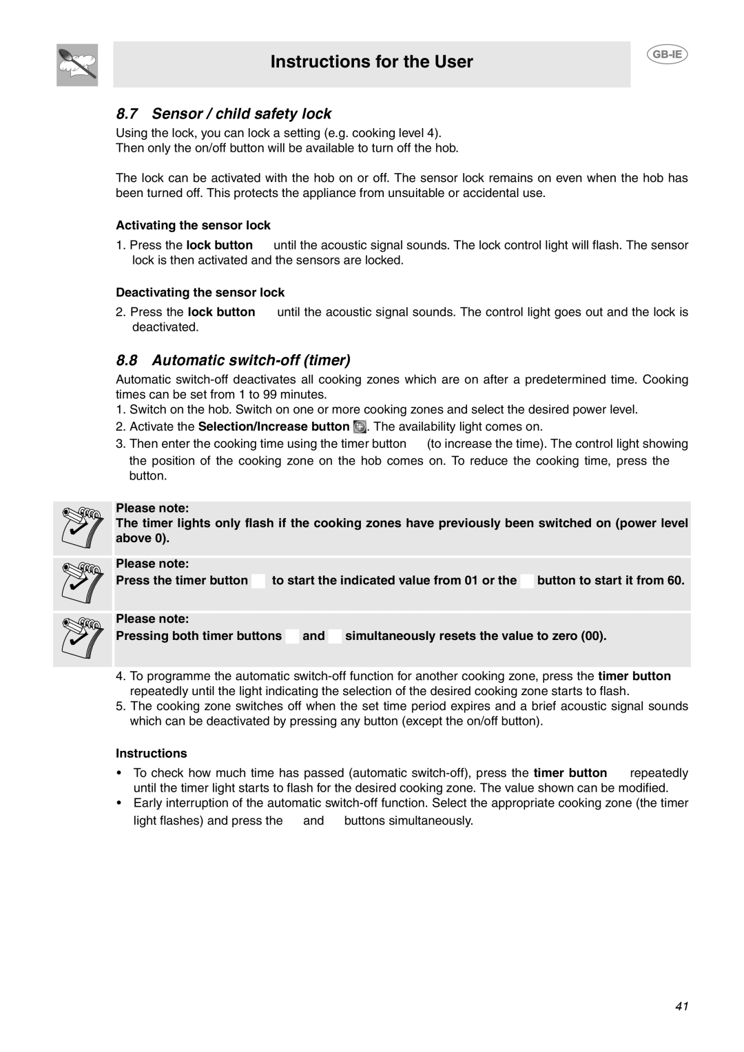 Smeg SE640ID1 manual Sensor / child safety lock, Automatic switch-off timer, Activating the sensor lock, Instructions 