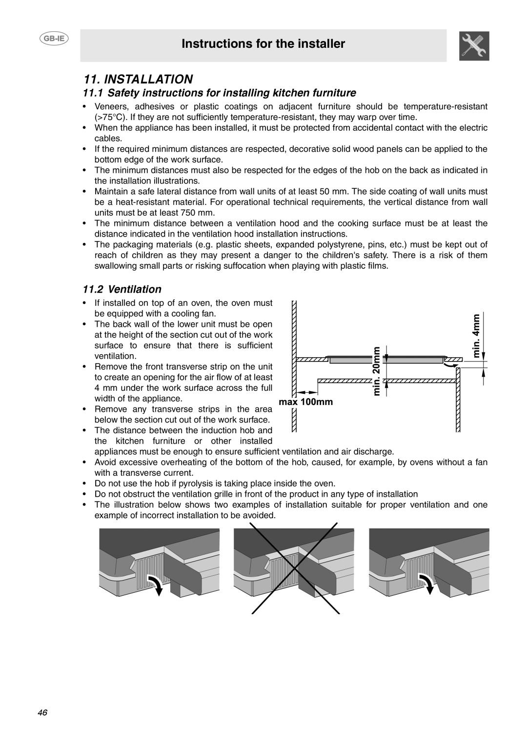 Smeg SE640ID1 manual Installation, Safety instructions for installing kitchen furniture, Ventilation 