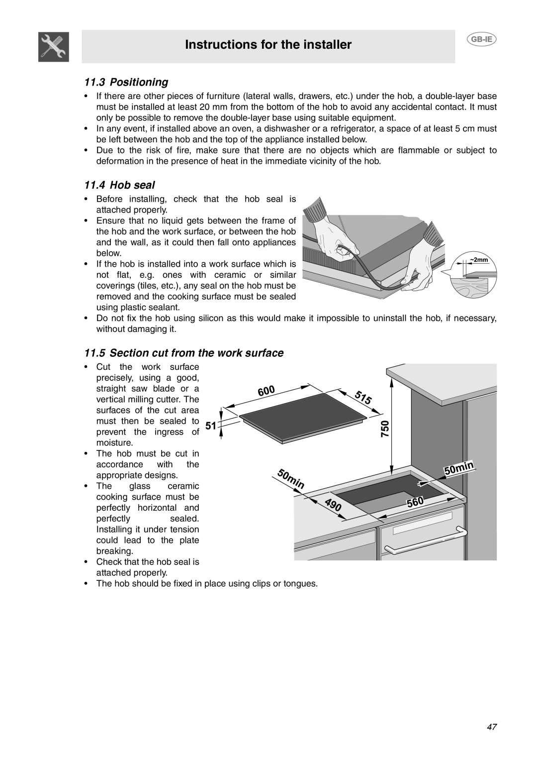 Smeg SE640ID1 manual Positioning, Hob seal, Section cut from the work surface 