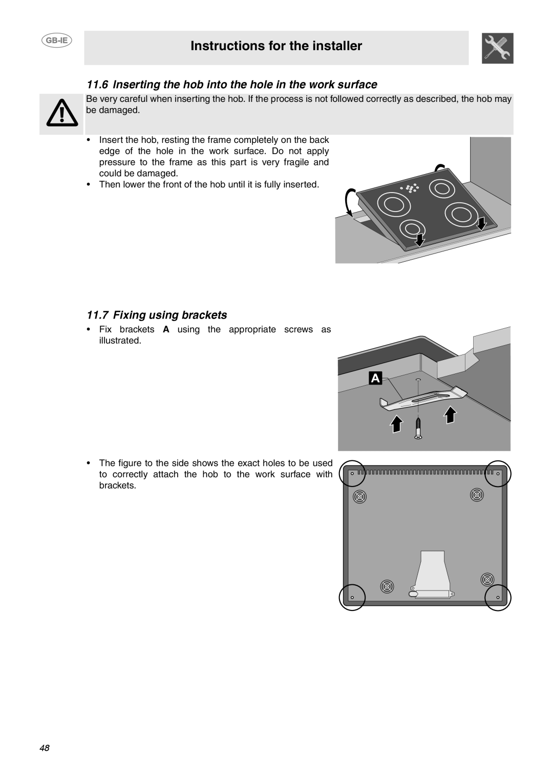 Smeg SE640ID1 manual Inserting the hob into the hole in the work surface, Fixing using brackets 