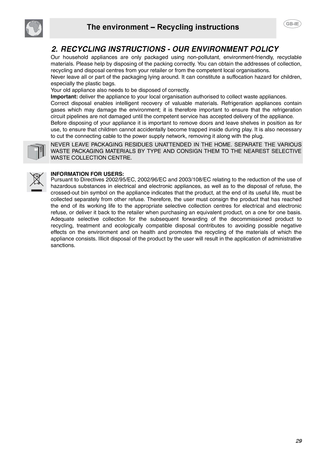 Smeg SE640ID1 manual Recycling Instructions OUR Environment Policy, Information for Users 