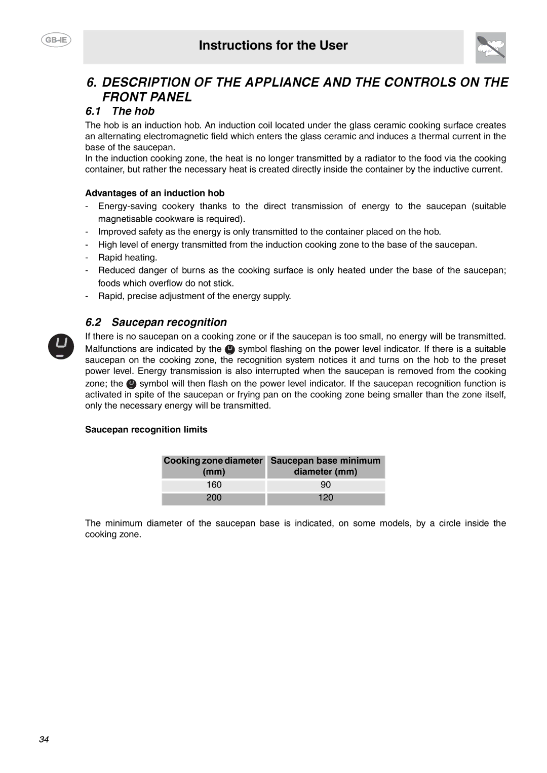 Smeg SE640ID1 manual Hob, Saucepan recognition, Advantages of an induction hob 