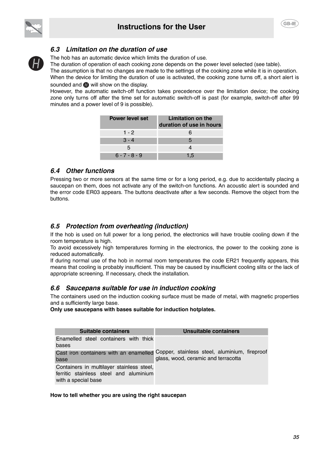 Smeg SE640ID1 manual Limitation on the duration of use, Other functions, Protection from overheating induction 