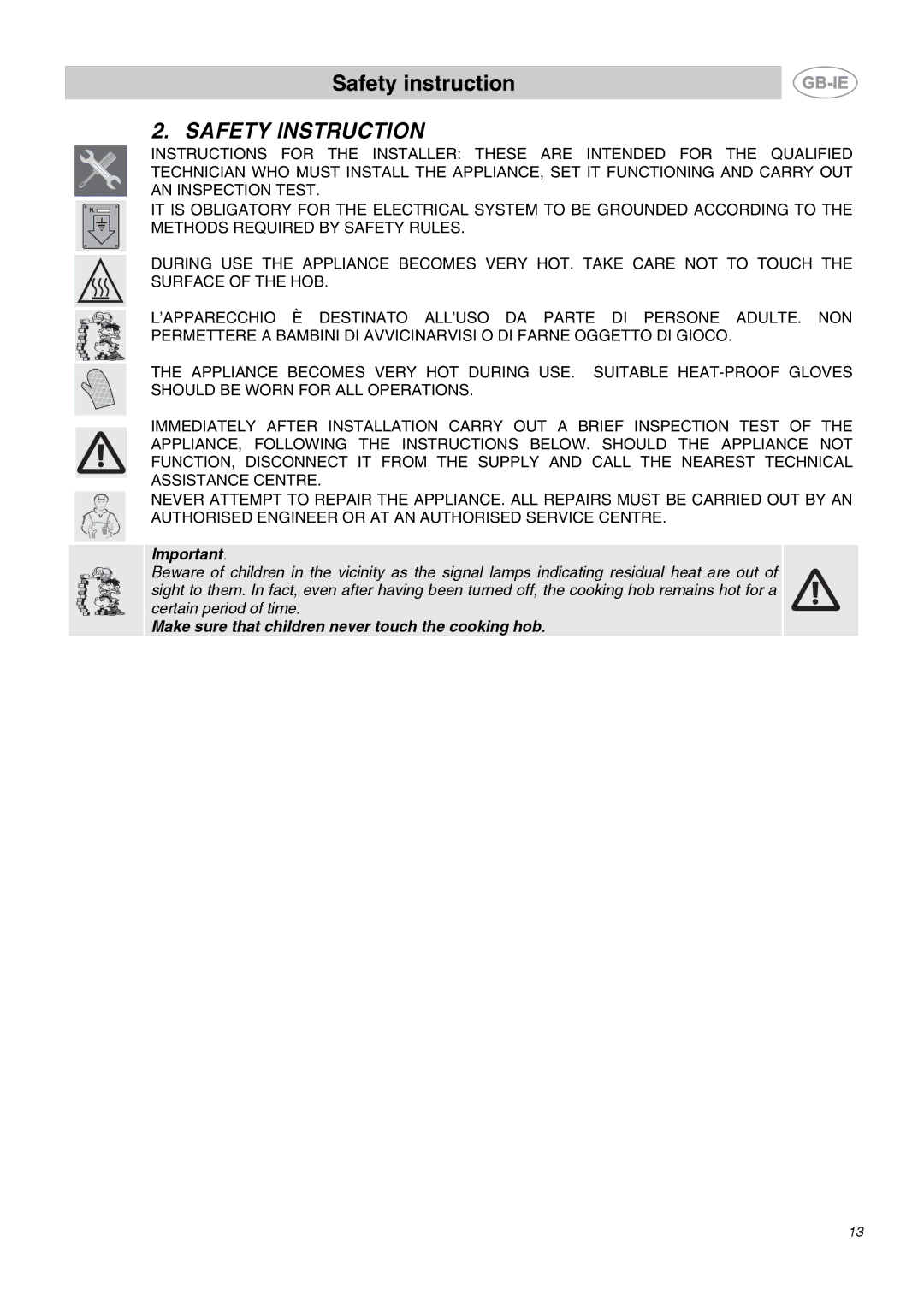 Smeg SE65CX manual Safety Instruction 