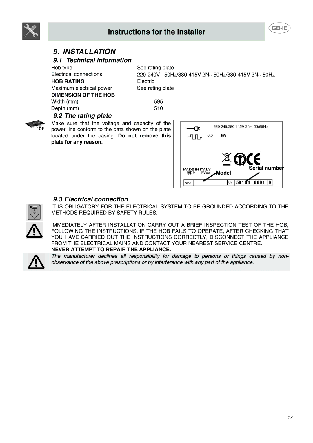 Smeg SE65CX manual Installation, Technical information, Rating plate, Electrical connection 