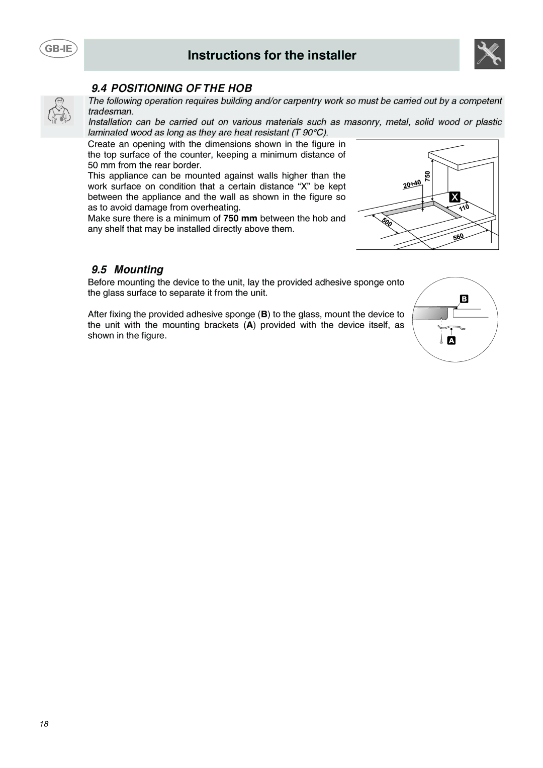 Smeg SE65CX manual Positioning of the HOB, Mounting 