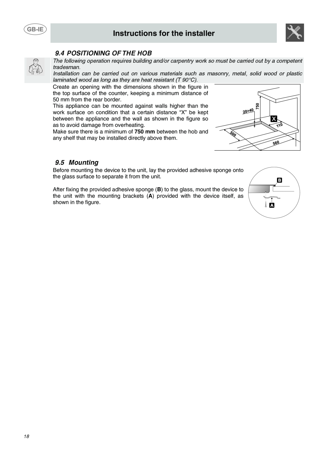Smeg SE65CX manual Positioning Of The Hob, Mounting, Instructions for the installer 