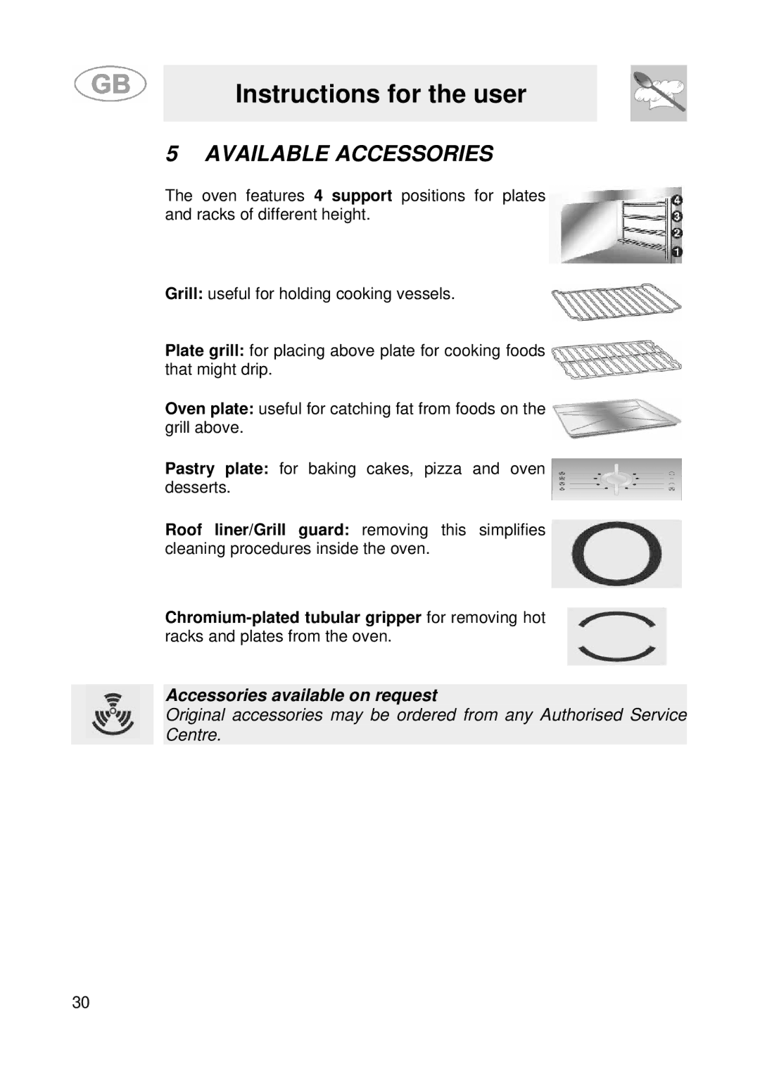 Smeg SE900-5 manual Available Accessories, Accessories available on request 