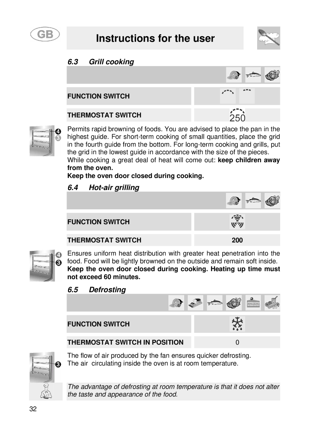 Smeg SE900-5 manual Grill cooking, Hot-air grilling, Defrosting, Function Switch Thermostat Switch in Position 