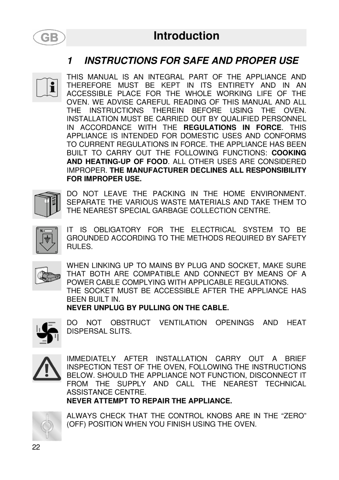 Smeg SE900-5 Introduction, Instructions for Safe and Proper USE, For Improper USE, Never Unplug by Pulling on the Cable 