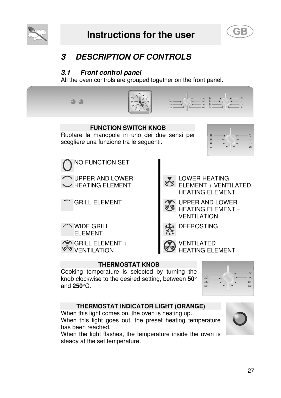 Smeg SE900 Instructions for the user, Description of Controls, Front control panel, Function Switch Knob, Thermostat Knob 