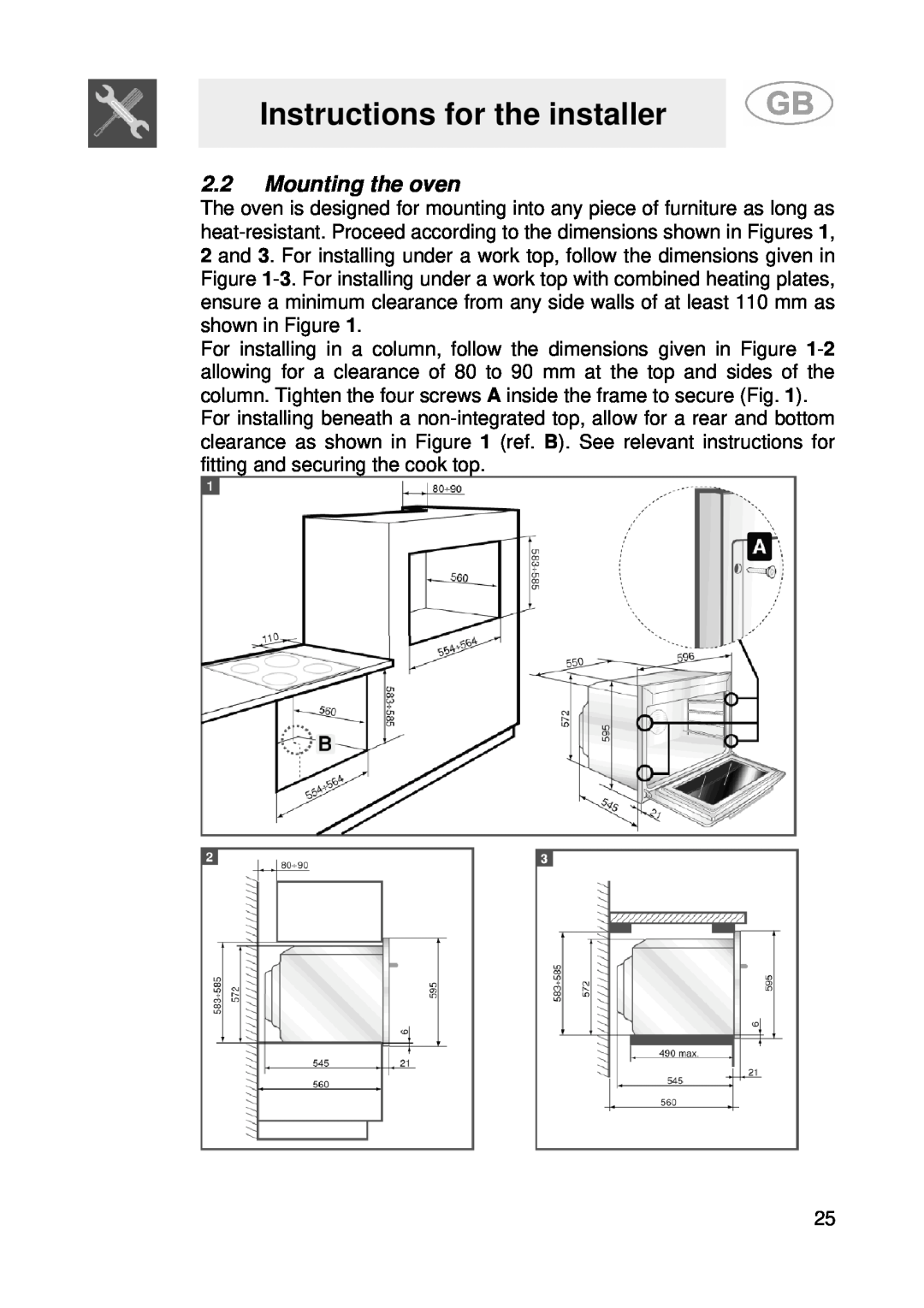 Smeg SE900-5 manual Mounting the oven, Instructions for the installer 