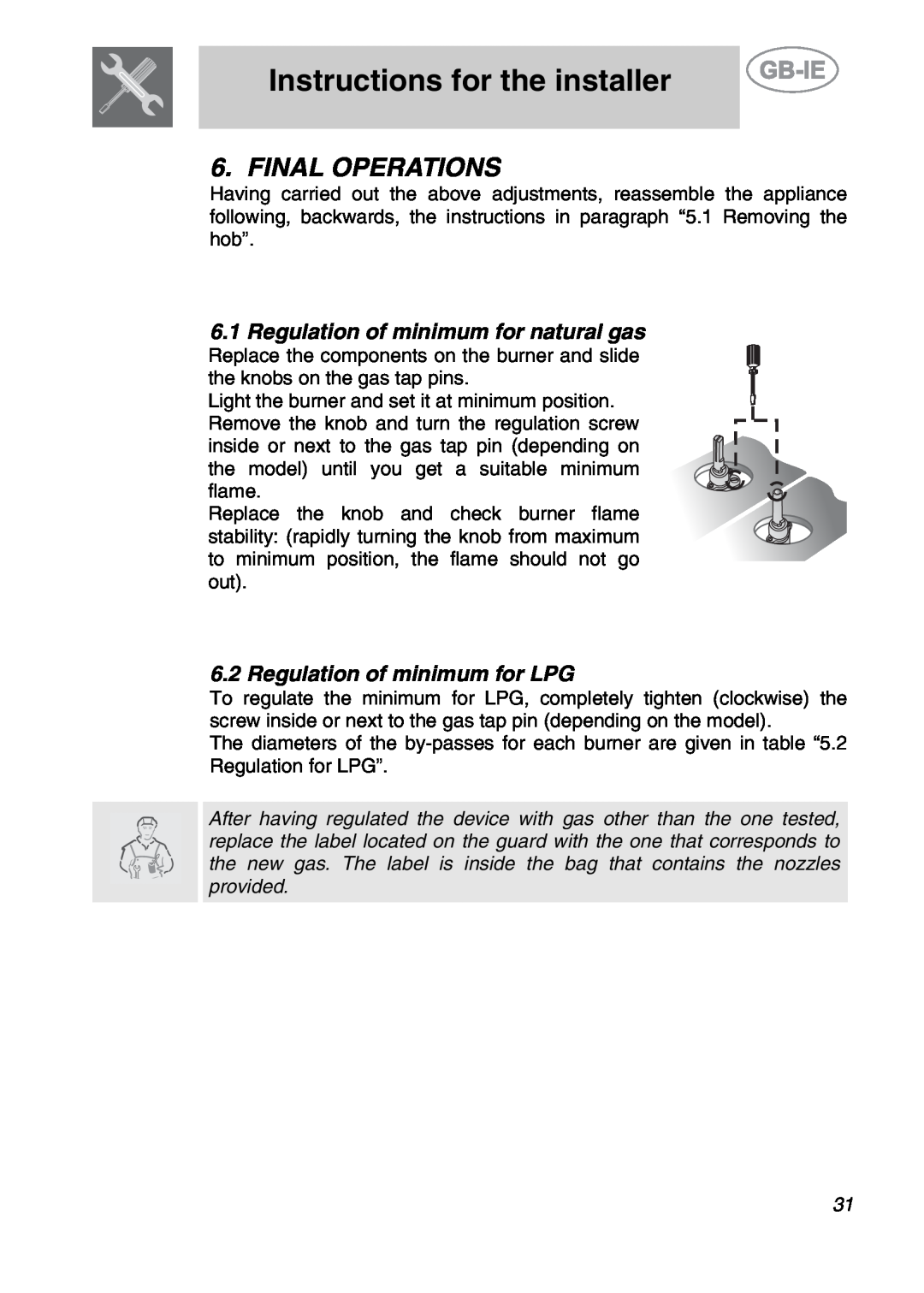 Smeg SE97GXBE5, SE97CXG5 manual Final Operations, Regulation of minimum for natural gas, Regulation of minimum for LPG 