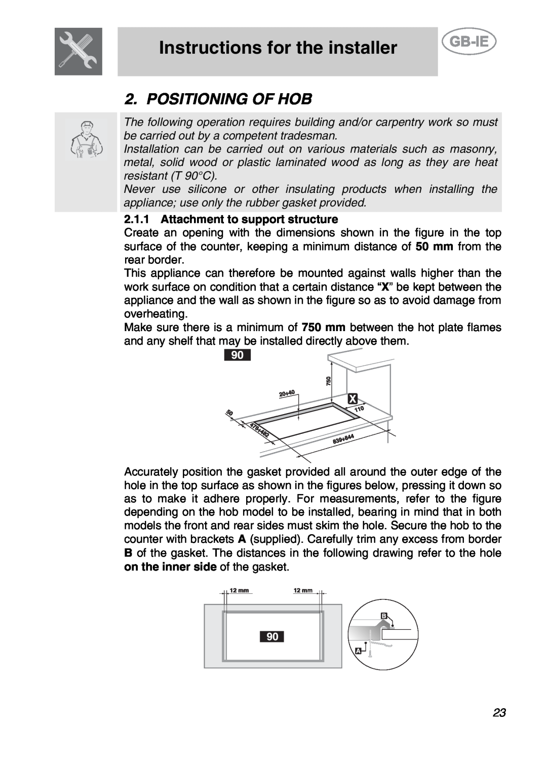 Smeg SE97GXBE5, SE97CXG5 manual Instructions for the installer, Positioning Of Hob, Attachment to support structure 