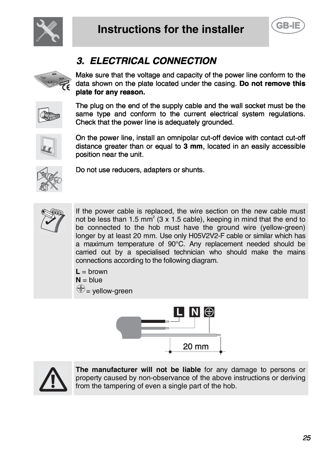 Smeg SE97GXBE5, SE97CXG5 manual Electrical Connection, Instructions for the installer 