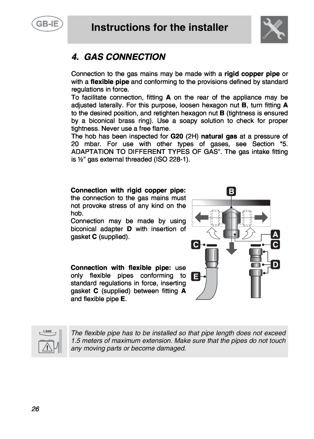 Smeg SE97GXBE5, SE97CXG5 manual Gas Connection, Instructions for the installer 