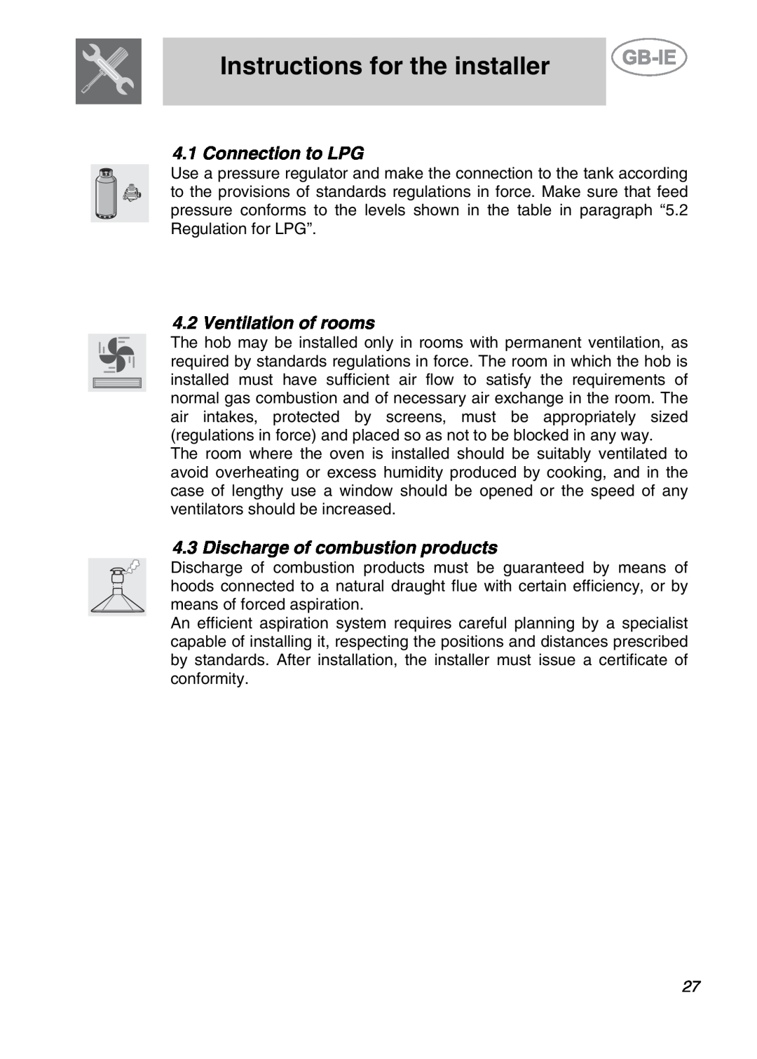 Smeg SE97CXG5 Connection to LPG, Ventilation of rooms, Discharge of combustion products, Instructions for the installer 