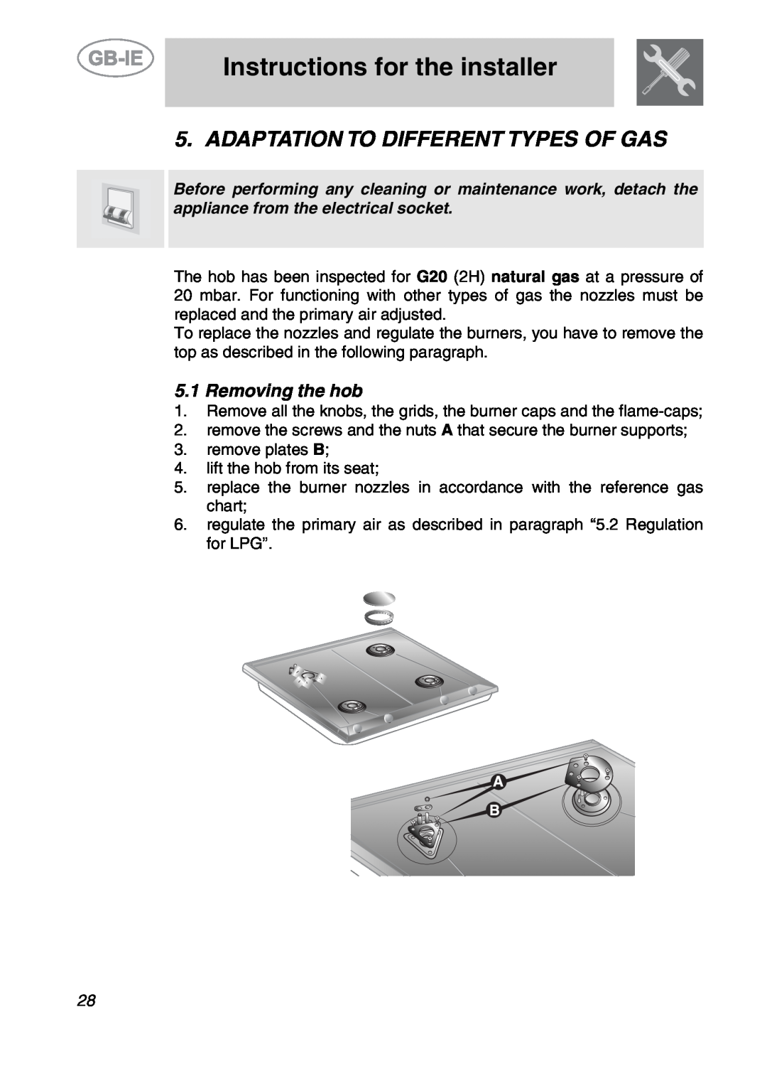 Smeg SE97GXBE5, SE97CXG5 manual Adaptation To Different Types Of Gas, Removing the hob, Instructions for the installer 