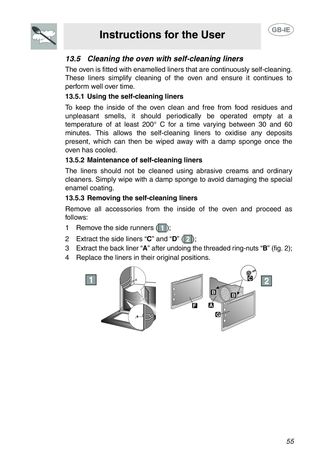 Smeg SE995XT-5, SE995XT-7 manual Cleaning the oven with self-cleaning liners, Using the self-cleaning liners 