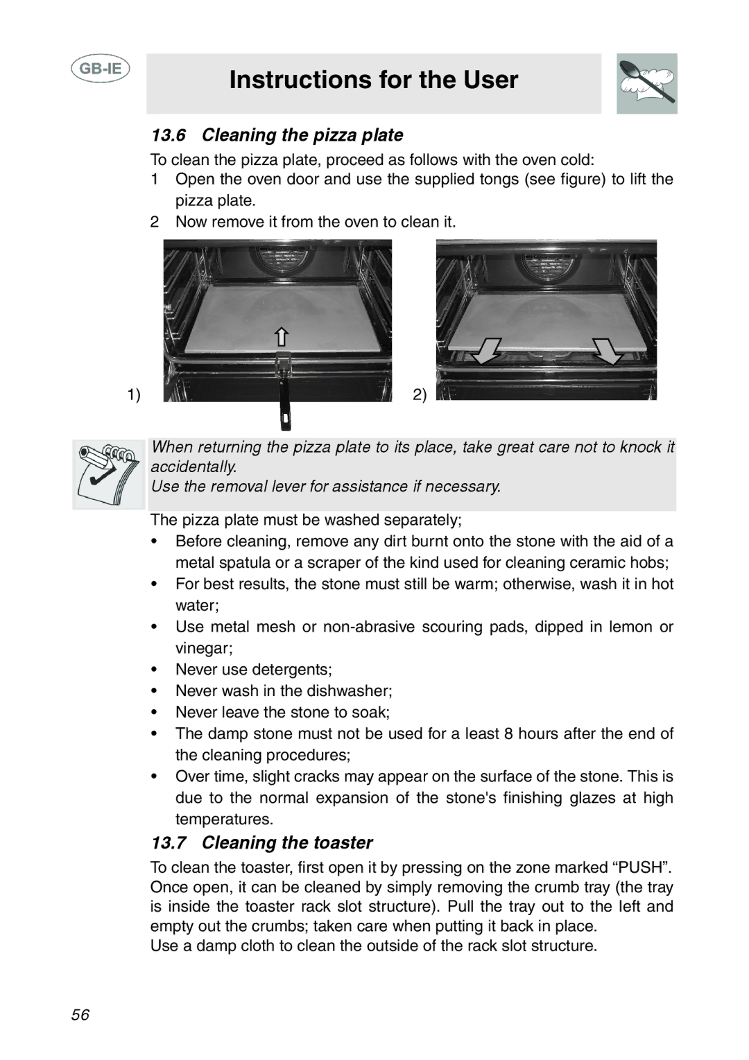 Smeg SE995XT-7, SE995XT-5 manual Cleaning the pizza plate, Cleaning the toaster 