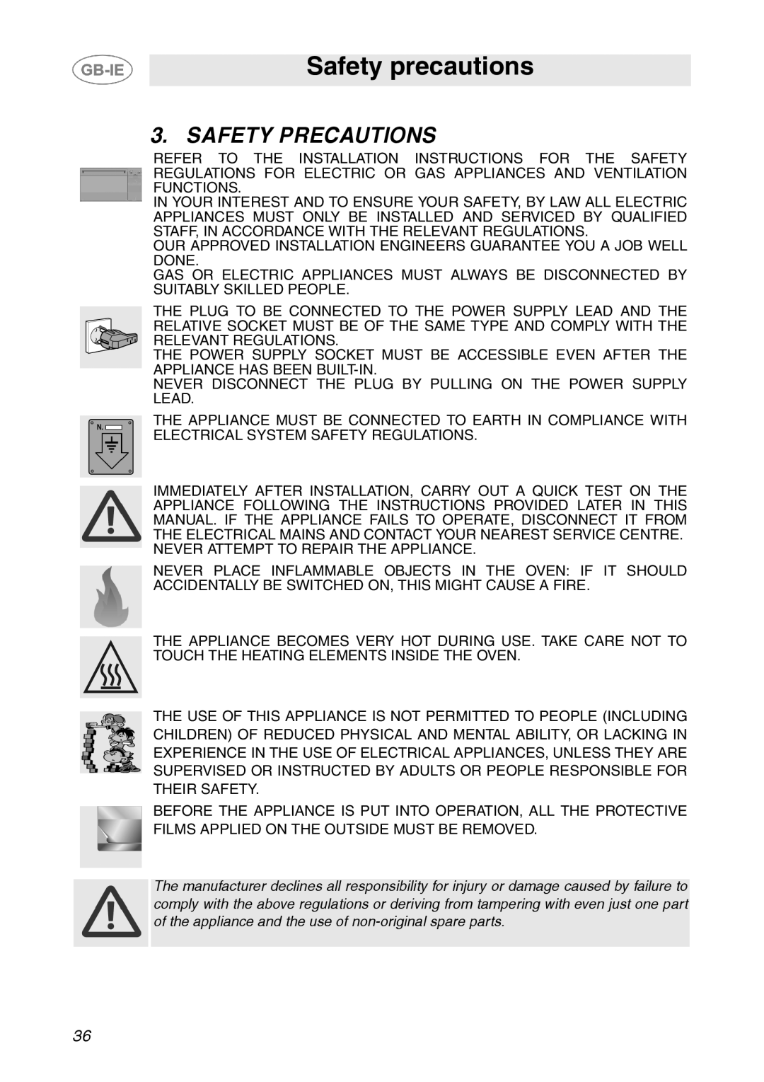 Smeg SE995XT-7, SE995XT-5 manual Safety precautions, Safety Precautions 