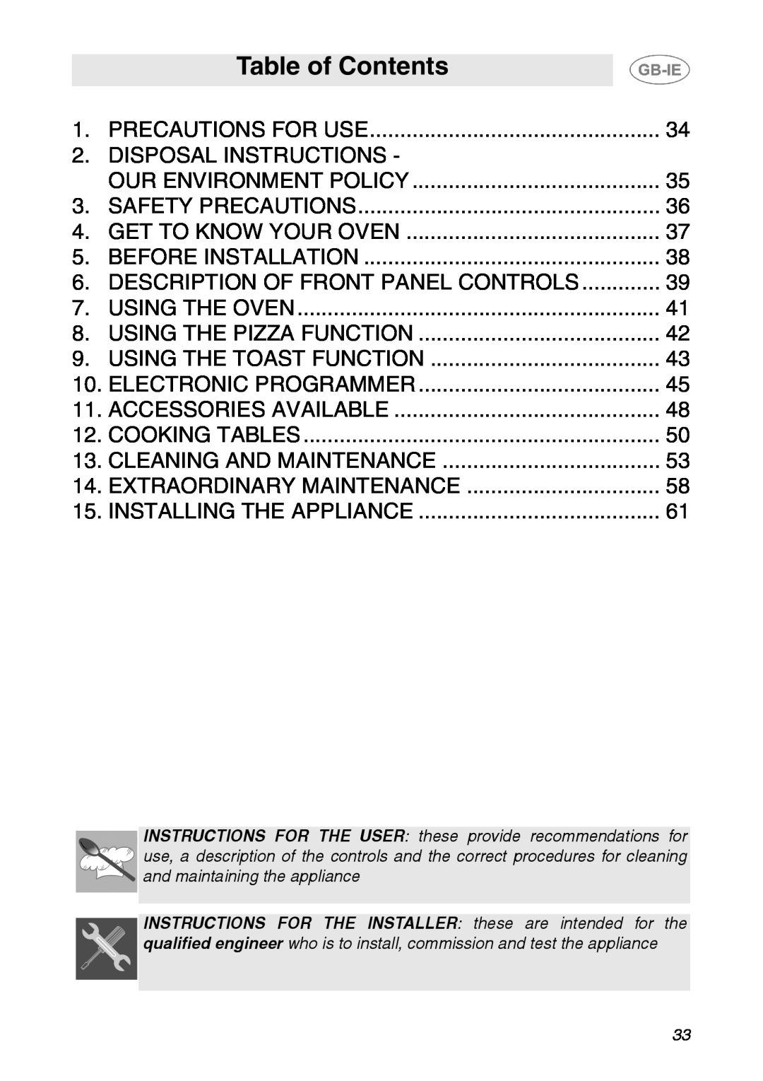 Smeg SE995XT-5, SE995XT-7 manual Table of Contents 