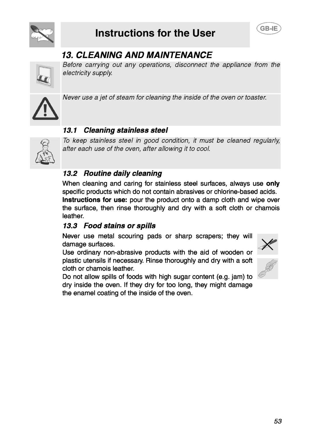 Smeg SE995XT-5 manual Cleaning And Maintenance, Instructions for the User, Cleaning stainless steel, Routine daily cleaning 
