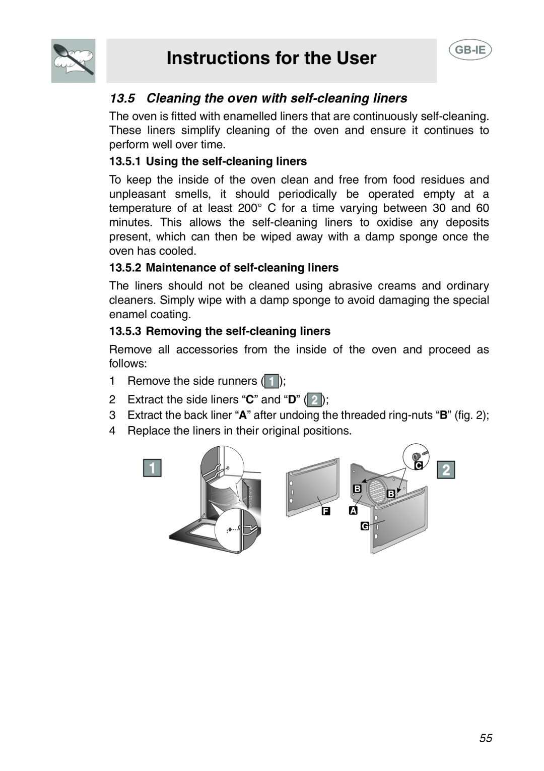 Smeg SE995XT-5 Instructions for the User, Cleaning the oven with self-cleaning liners, Using the self-cleaning liners 