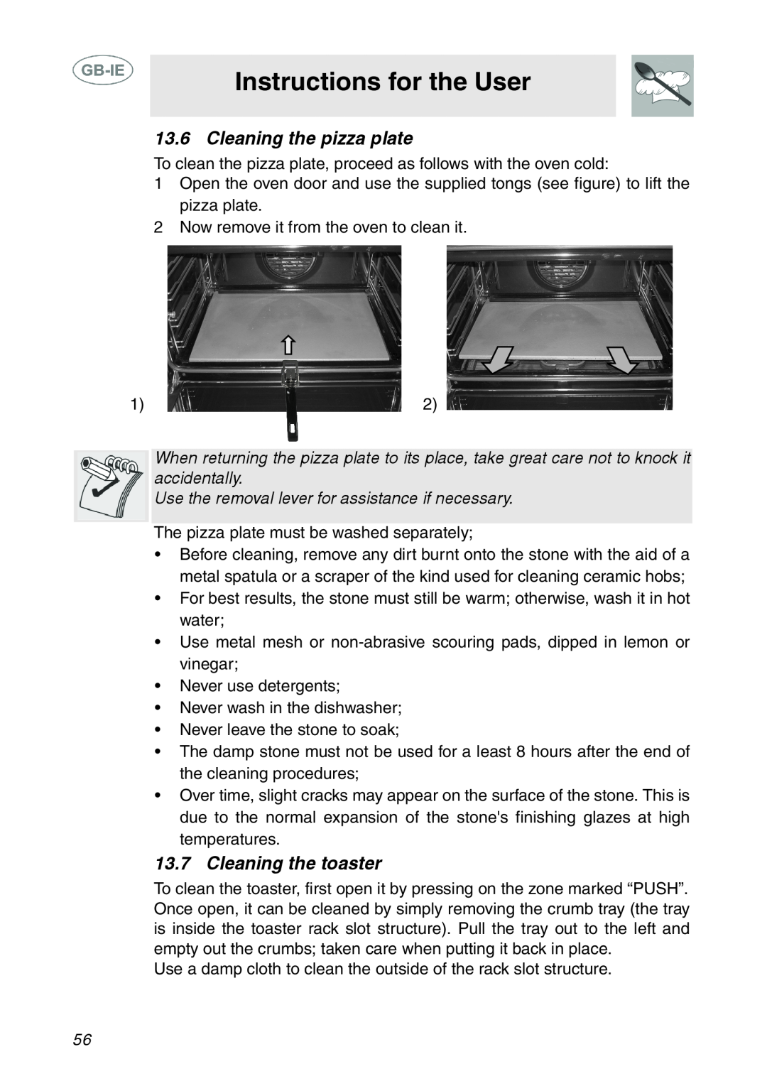 Smeg SE995XT-7, SE995XT-5 manual Instructions for the User, Cleaning the pizza plate, Cleaning the toaster 