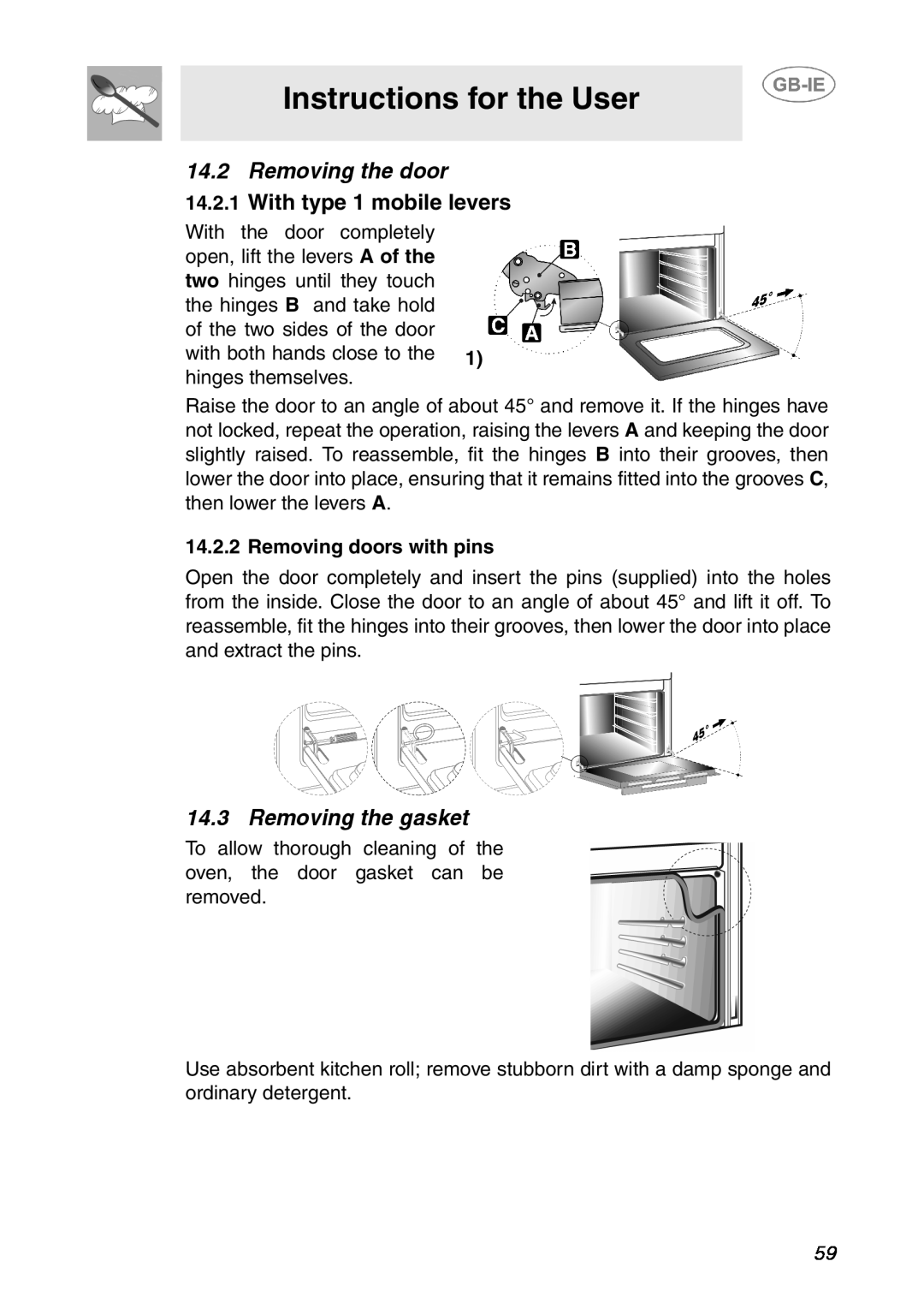 Smeg SE995XT-5, SE995XT-7 Instructions for the User, Removing the door, With type 1 mobile levers, Removing the gasket 