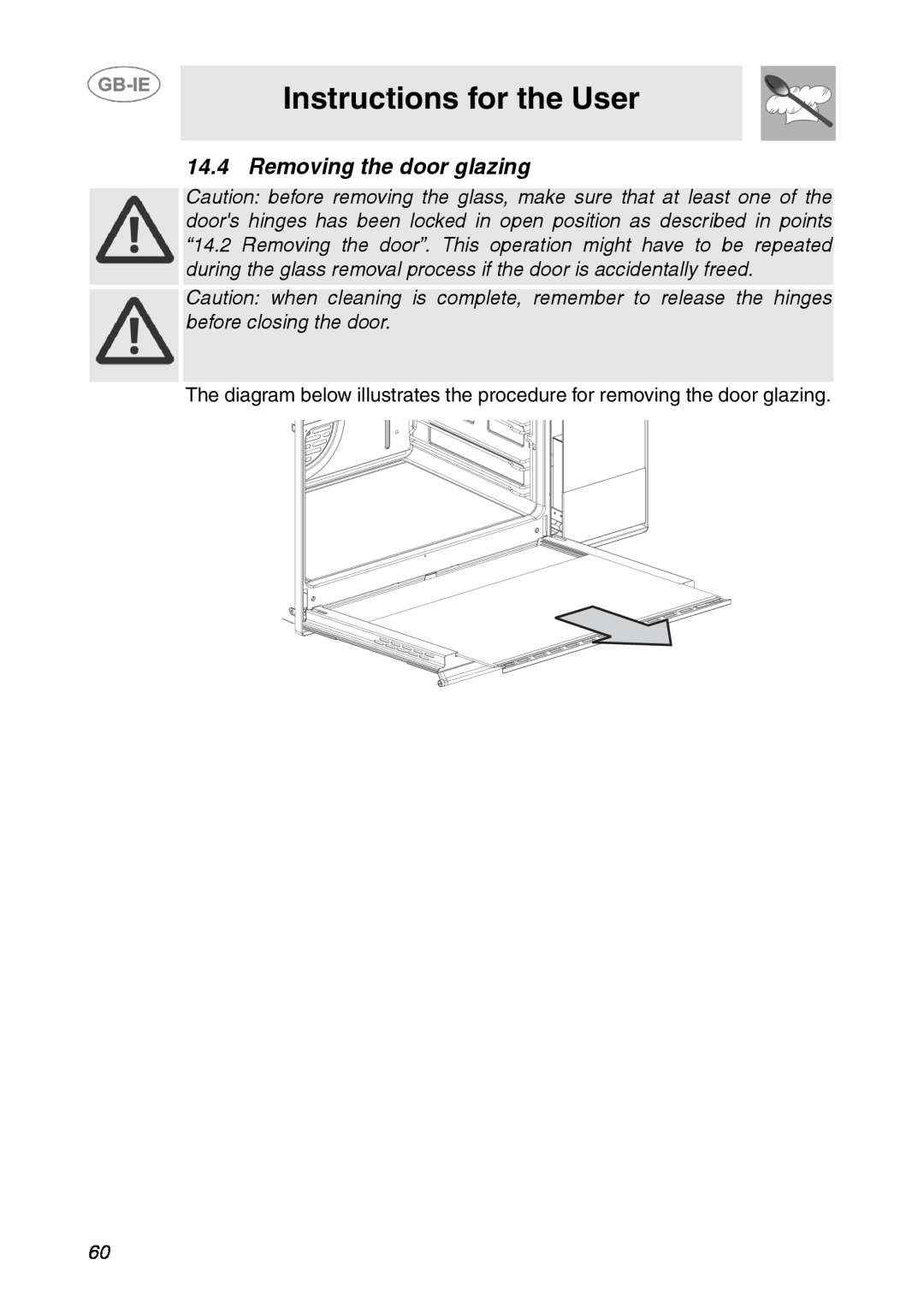 Smeg SE995XT-7, SE995XT-5 manual Instructions for the User, Removing the door glazing 