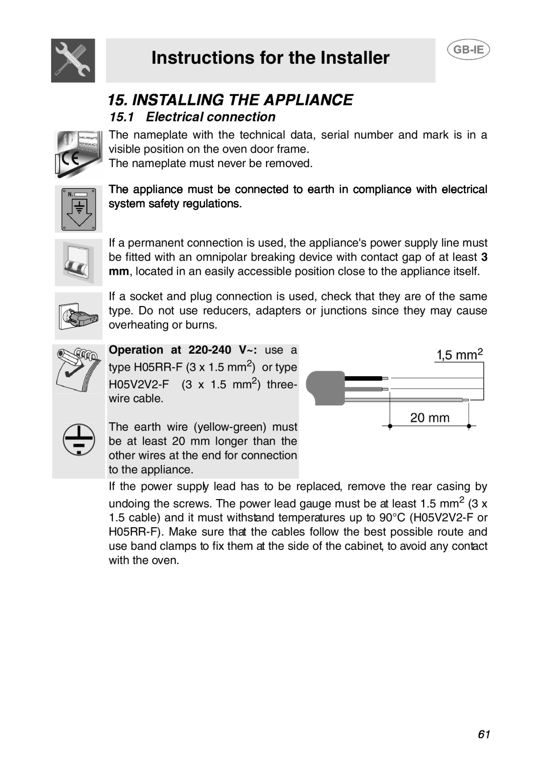 Smeg SE995XT-5, SE995XT-7 manual Instructions for the Installer, Installing The Appliance, Electrical connection 