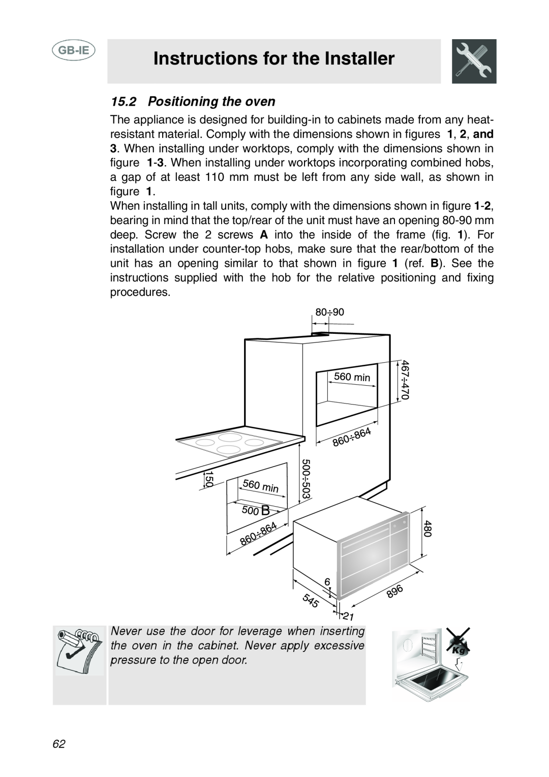 Smeg SE995XT-7, SE995XT-5 manual Instructions for the Installer, Positioning the oven 