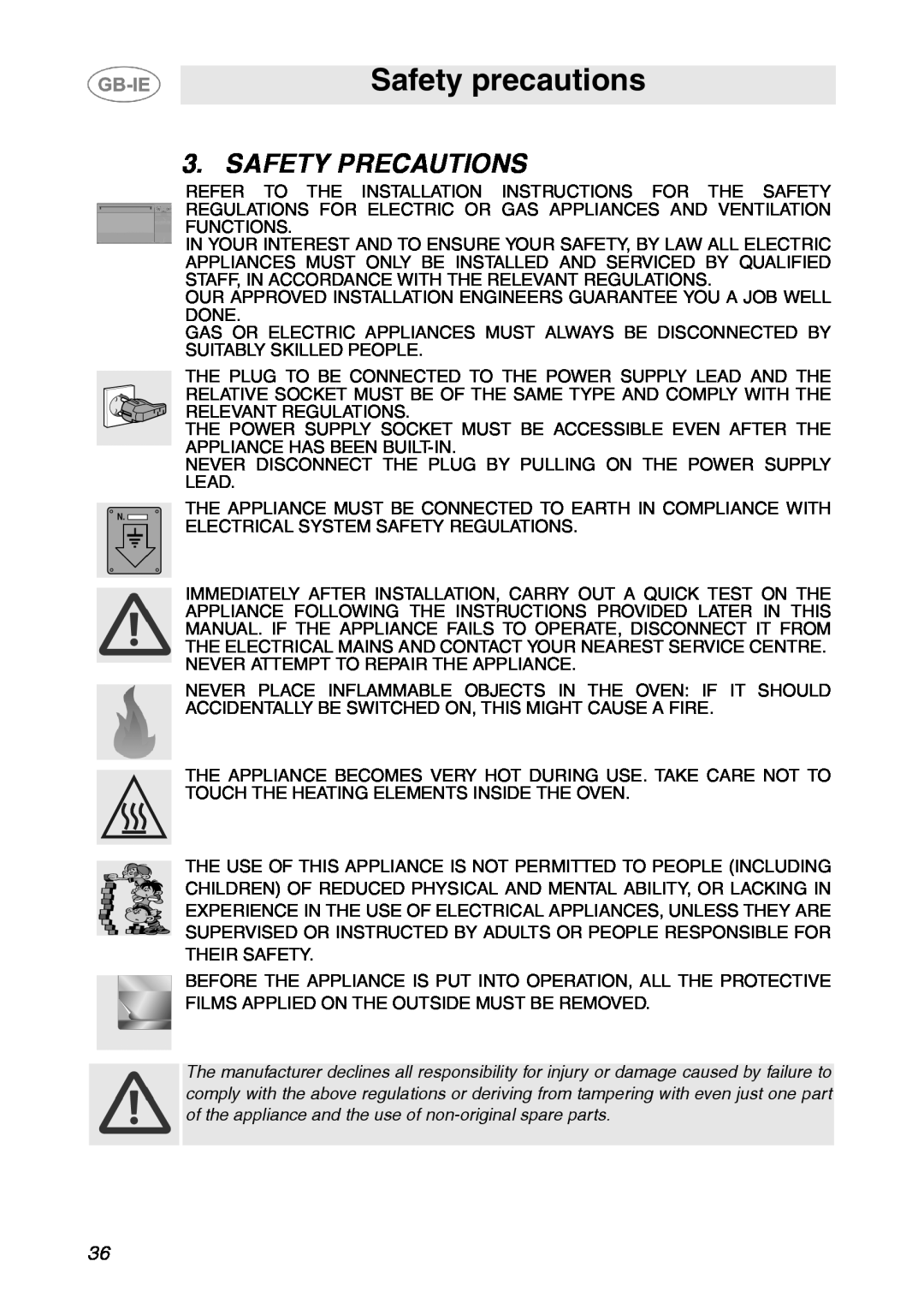 Smeg SE995XT-7, SE995XT-5 manual Safety precautions, Safety Precautions 