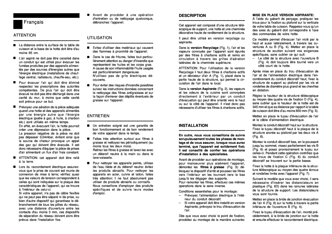 Smeg SED908EB manual Français, Utilisation, Entretien, Mise En Place Version Aspirante, Description, Installation 