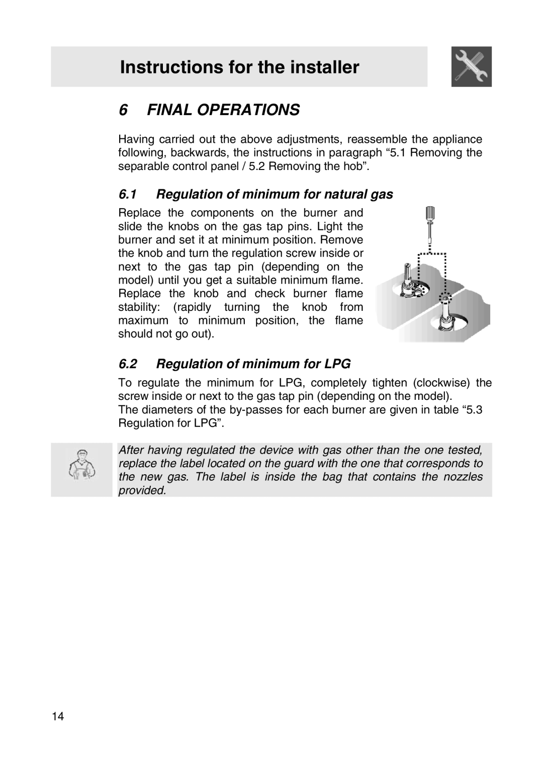 Smeg SER63LPG manual Final Operations, Regulation of minimum for natural gas, Regulation of minimum for LPG 