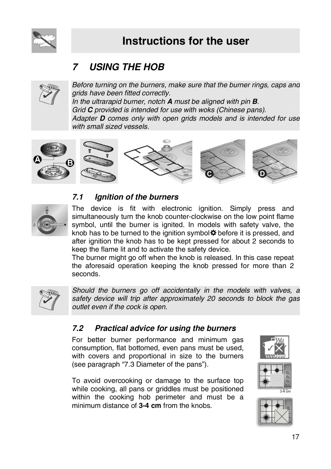 Smeg SER63LPG Instructions for the user, Using the HOB, Ignition of the burners, Practical advice for using the burners 