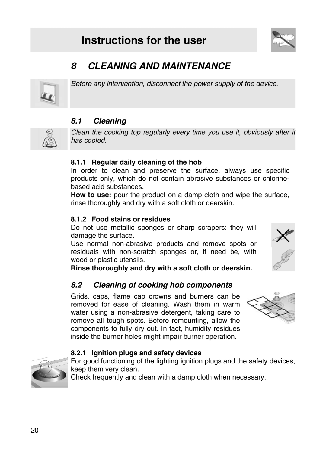 Smeg SER63LPG manual Cleaning and Maintenance, Cleaning of cooking hob components 