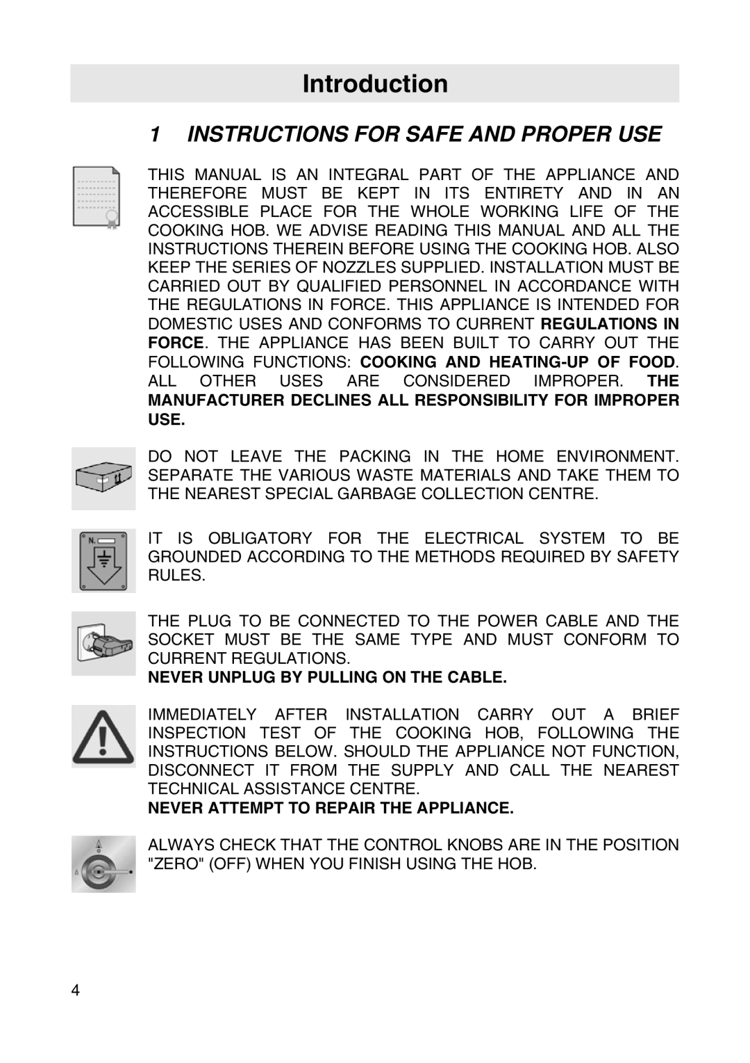 Smeg SER63LPG manual Introduction, Instructions for Safe and Proper USE 