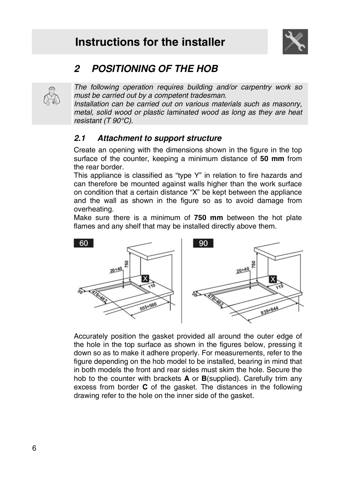 Smeg SER63LPG manual Instructions for the installer, Positioning of the HOB, Attachment to support structure 