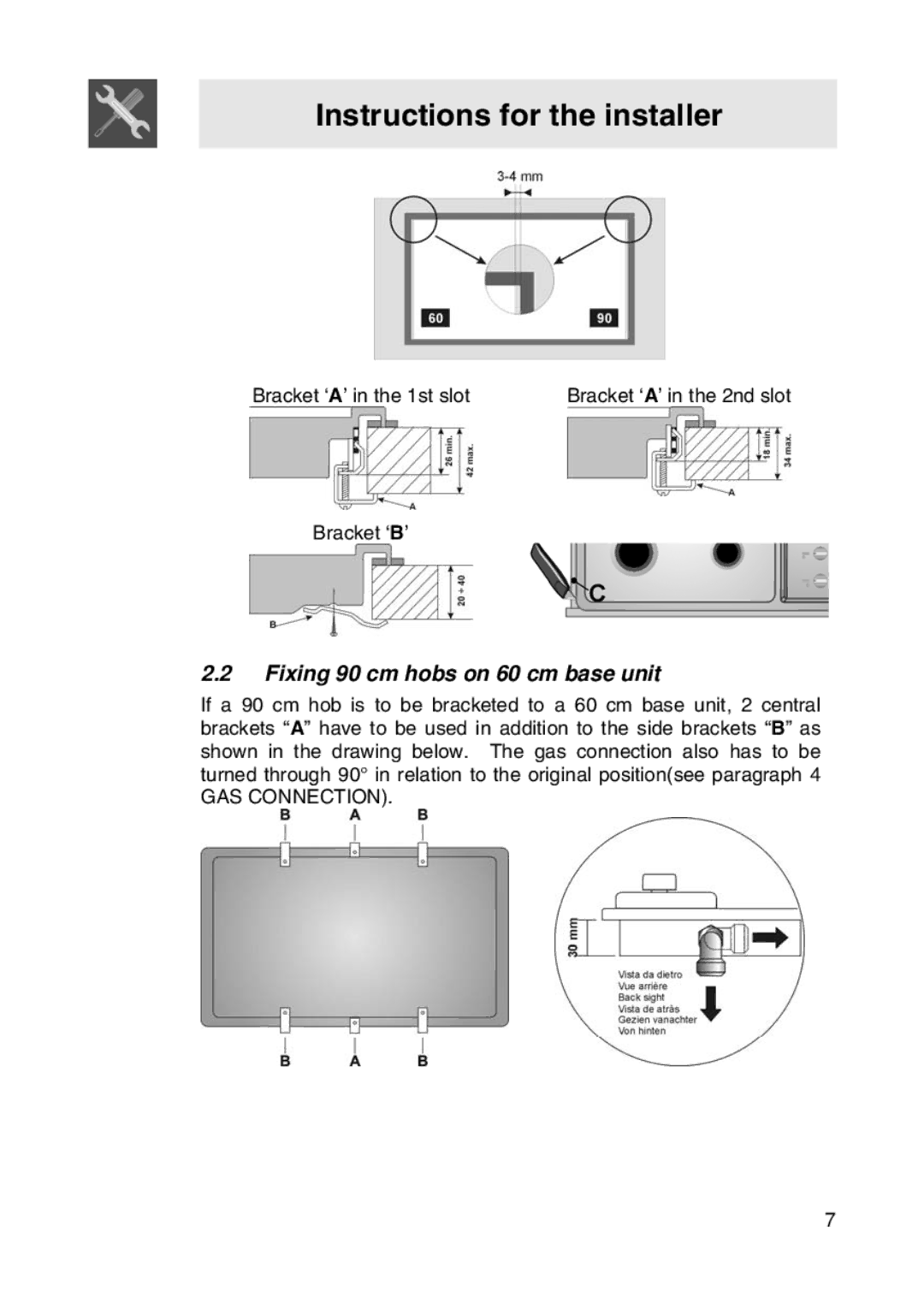 Smeg SER63LPG manual Fixing 90 cm hobs on 60 cm base unit 