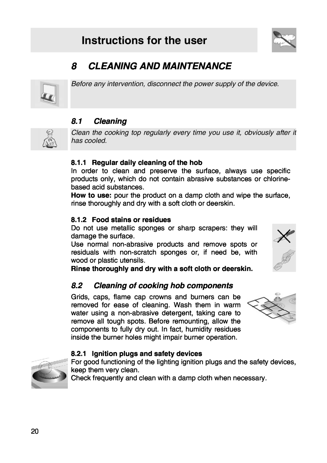 Smeg SER63LPG manual Cleaning And Maintenance, Instructions for the user, Regular daily cleaning of the hob 